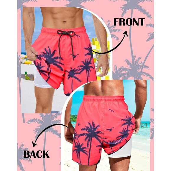 ✨Men Red Swim Trunks Bathing Suits Board Beach Swim with Zipper Pocket Shorts - Picture 2 of 7